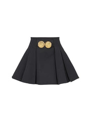 Black pleated mini skirt with gold metal buckles