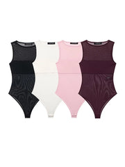 Four bodysuits in black, white, pink, and burgundy on a white background