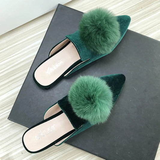 Corduroy Velvet Ball Slides Pointy Toe Shallow Mouth Flats Shoes