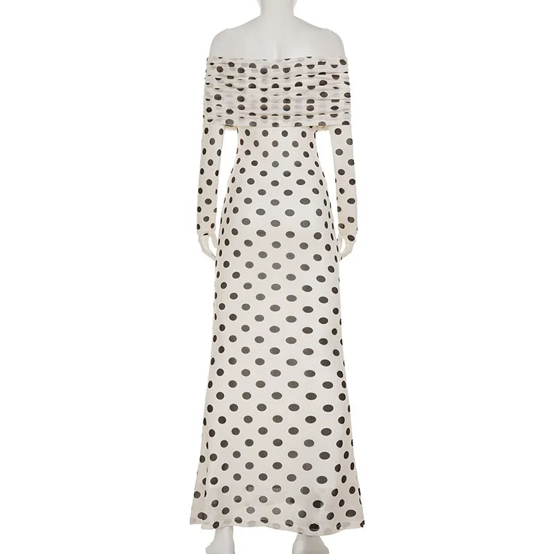 White off-shoulder dress with black polka dots