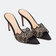Pointed Toe Lace Mule Heels