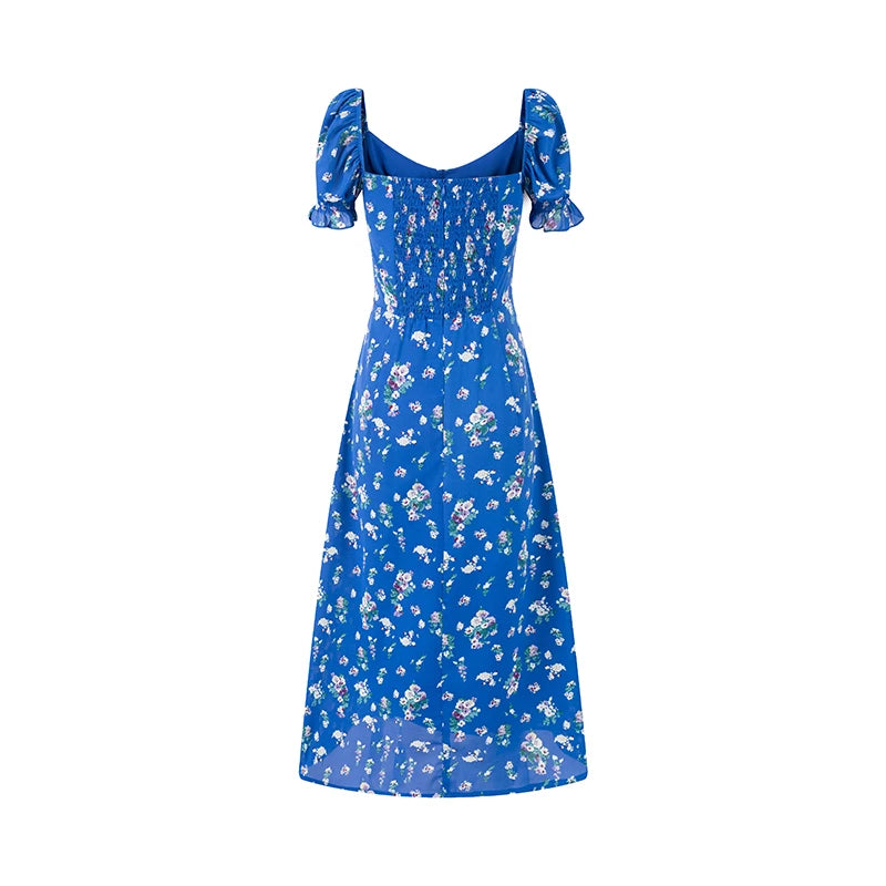 Back view of blue floral print midi dress with smocked panel