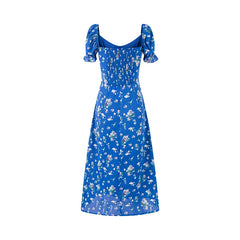 Back view of blue floral print midi dress with smocked panel