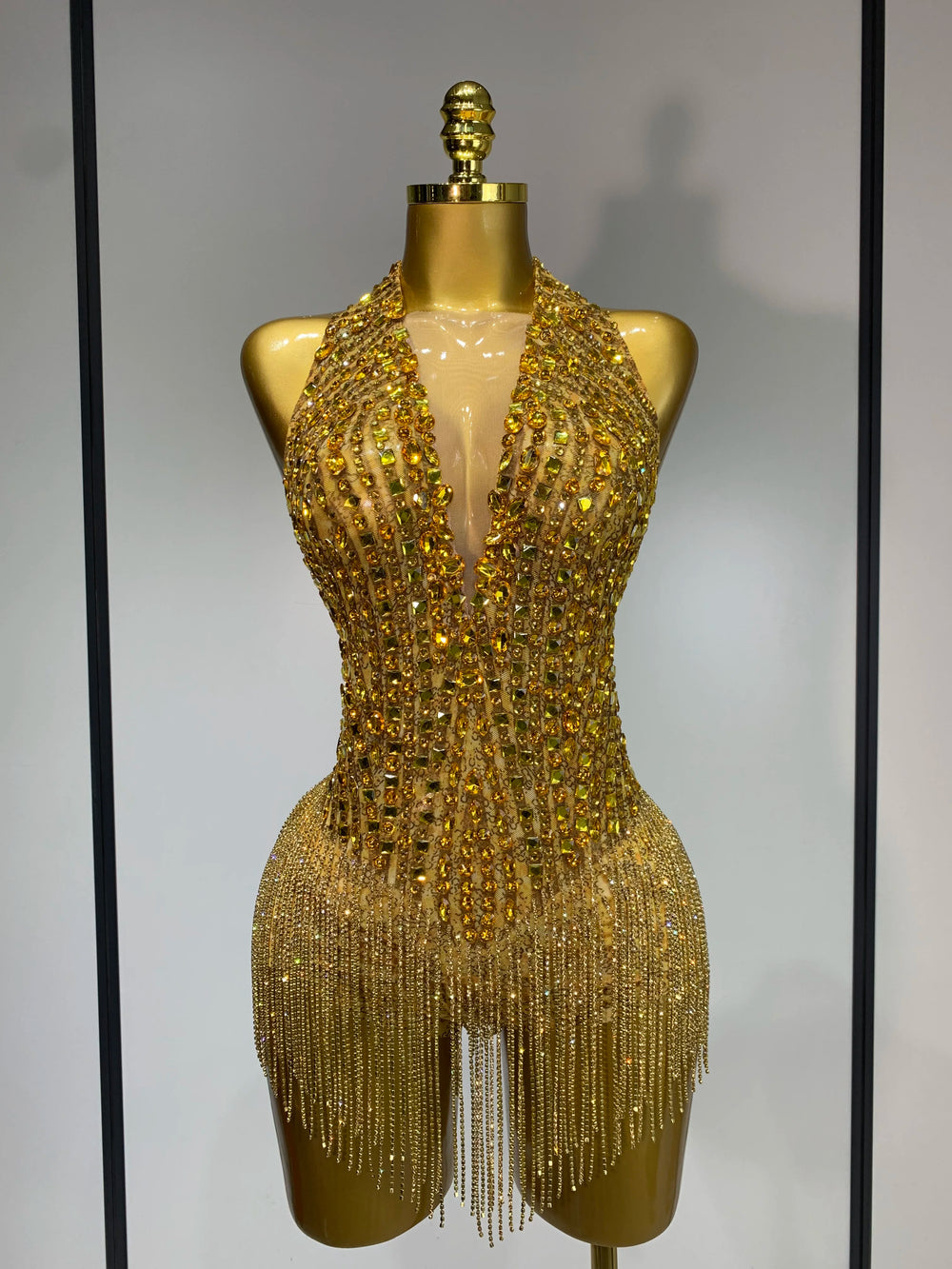 Gold rhinestone halter bodysuit front view