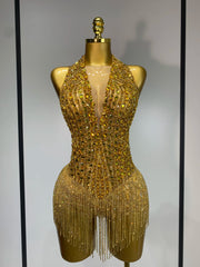 Gold rhinestone halter bodysuit front view