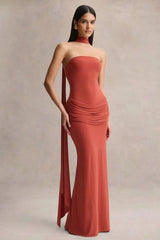 Strapless maxi dress with choker neck and tie detail
