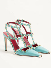 Turquoise riveted square toe stiletto heels