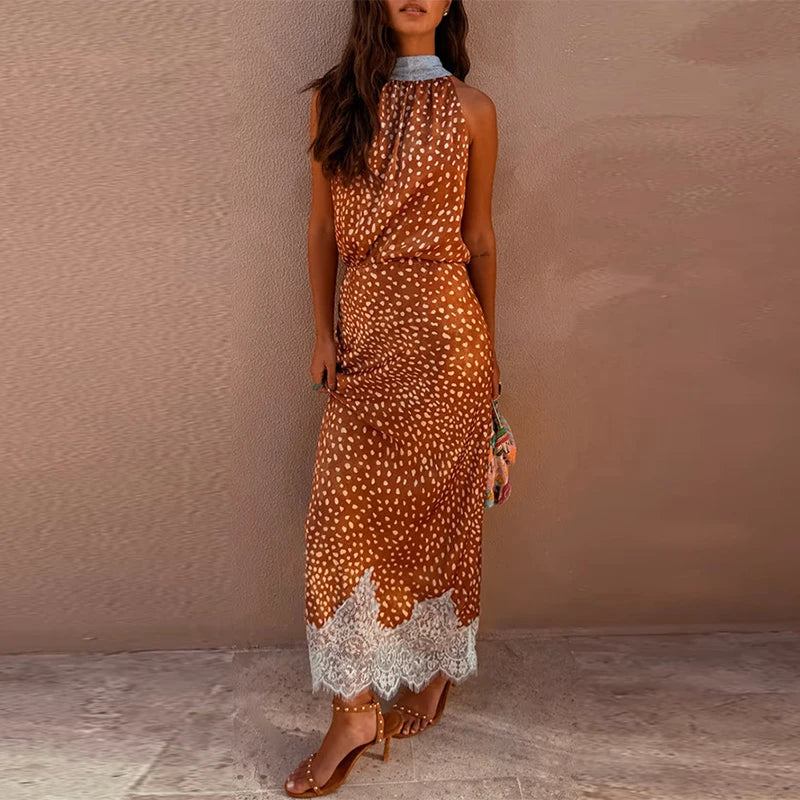 Polka dot print halter top and lace trim maxi skirt set