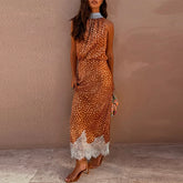 Polka dot print halter top and lace trim maxi skirt set