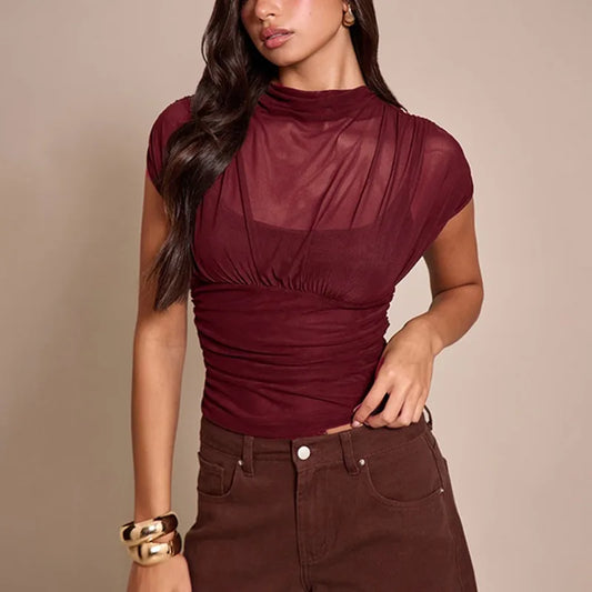 Mesh-Layered High-Neck Short-Sleeve Top