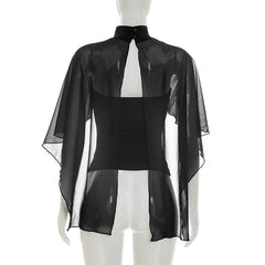 Black Sheer Cape Overlay High Neck Top