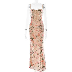 Floral Print Mesh Corset Maxi Dress