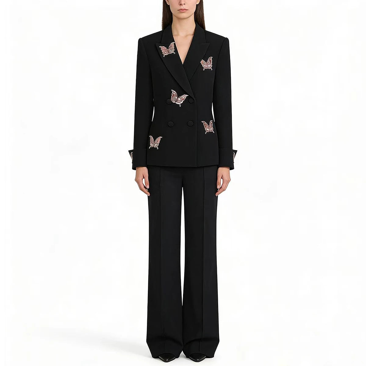 Embellished butterfly double breasted blazer with wide leg trousers