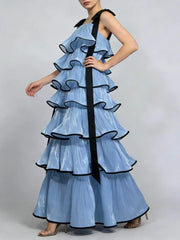 Square Neck Tiered Ruffle Maxi Dress with Bow Detail