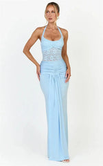 Blue Lace Ruched Front Split Maxi Dress