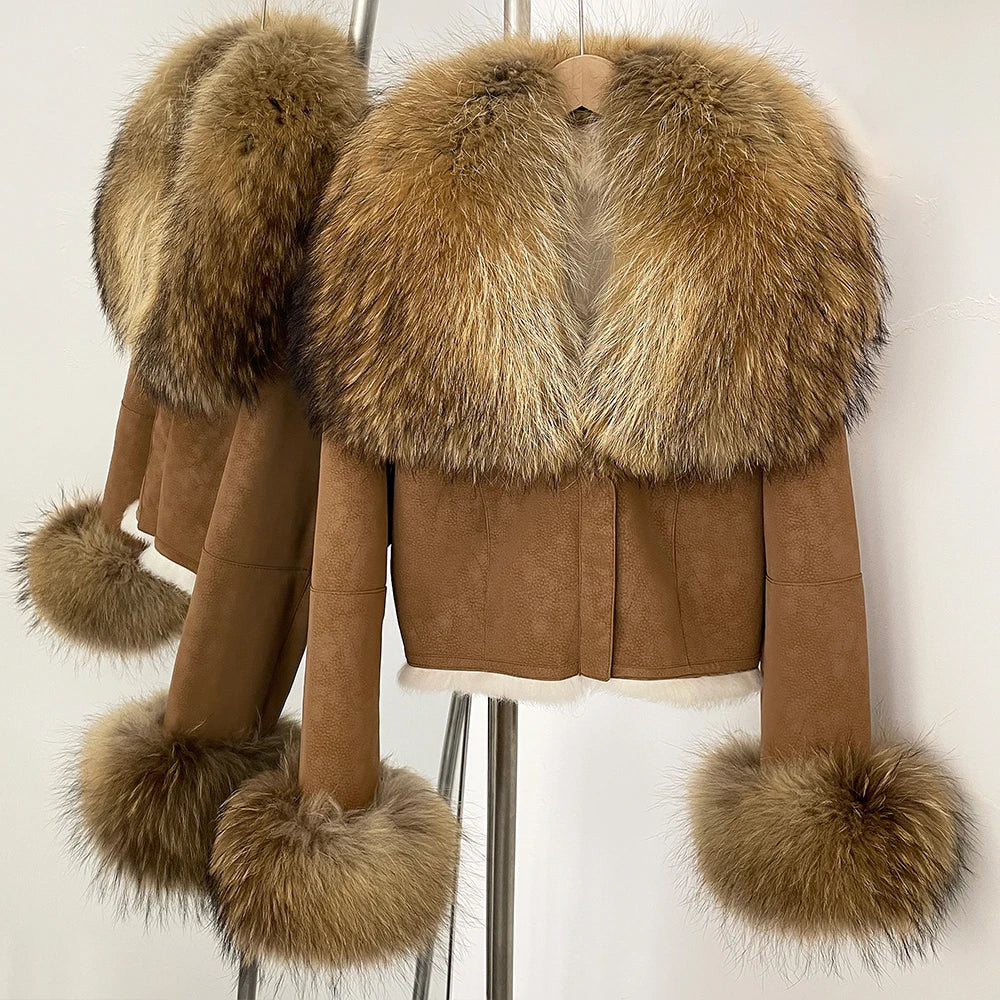 Brown cropped jacket with natural raccoon fur collar and cuffs