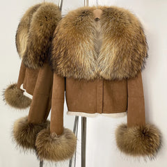 Brown cropped jacket with natural raccoon fur collar and cuffs