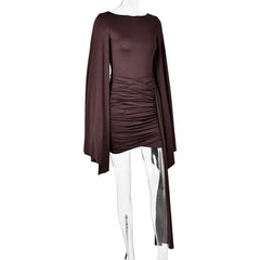 Draped Long Flare Sleeve Backless Bodycon Mini Dress