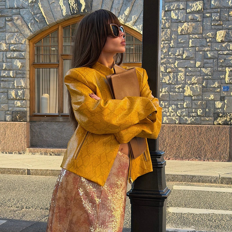 Snake print cropped jacket side profile