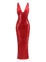 Red Deep V-Neck Sequin Gown