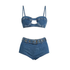 Denim print bikini top with a cut-out detail and high-waisted shorts with grommet belt.