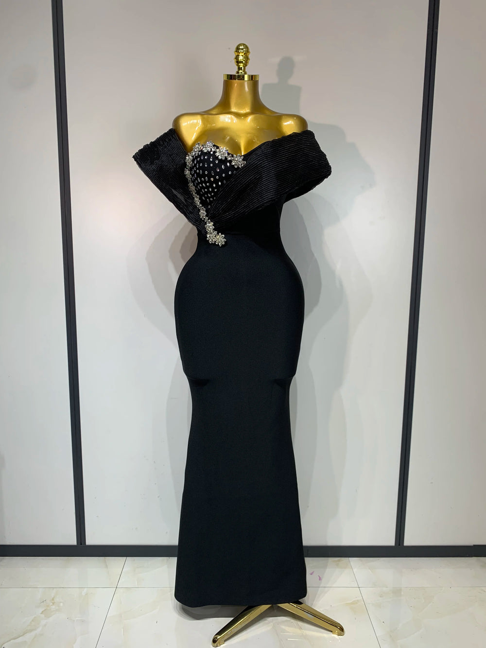 Black one shoulder embellished neckline gown