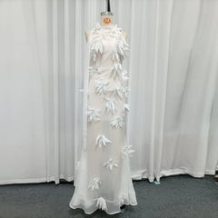 White Halter-Neck Sheer Floral Applique Maxi Gown