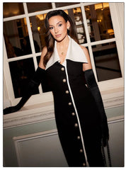 Turndown Collar Pearl Button A-line Black Midi Dress