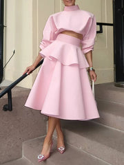 Pink High Neck Top & Ruffle Midi Skirt Set – Elegant Two-Piece Spring Outfit