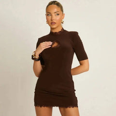 Mock Neck Lace Hollow Out Trim Mini Dress