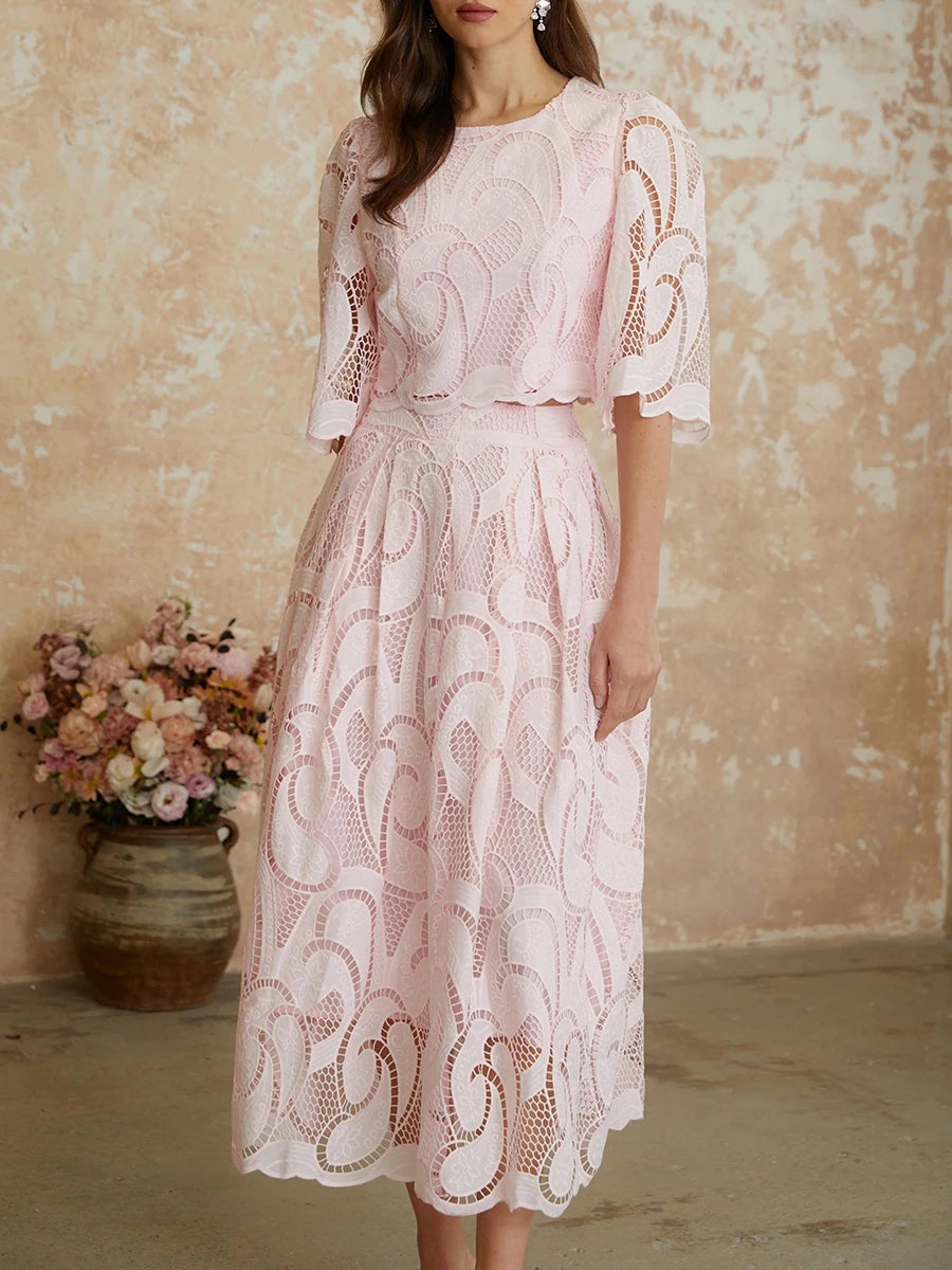 O-Neck Lace Overlay Puff Sleeve Cropped Top and Pleated Midi Skirt Set