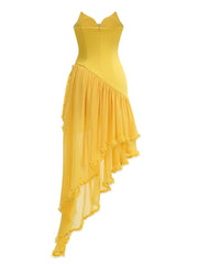 Yellow Ruffled Frill Hem Pearl Strapless Midi Dress