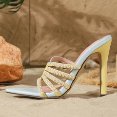 Beaded Strappy Pointed Toe Heeled Mules