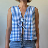Blue gingham tie front sleeveless crop top