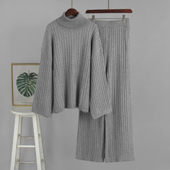 Cabel Knit Turtleneck Long Sleeve Top And High Waist Trousers Set