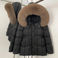 Black puffer jacket with brown fur hood
