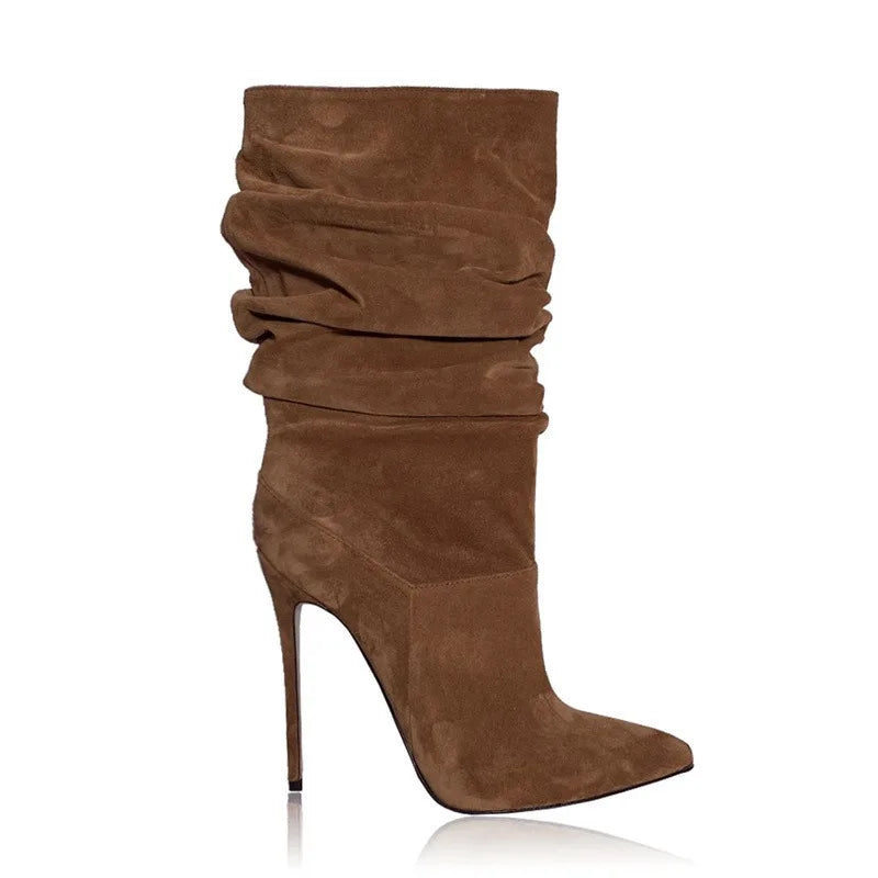 Brown faux suede pleated stiletto heel knee high dress boot