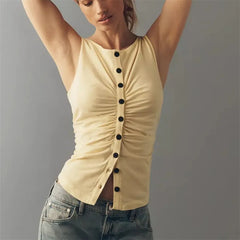 Yellow ruched button front sleeveless tank top posing