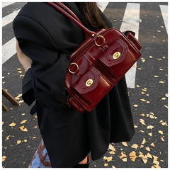 Microfiber Leather Vintage Pocket Satchel – Black & Burgundy