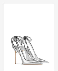 Silver high-heeled shoes with a bow design on a white background