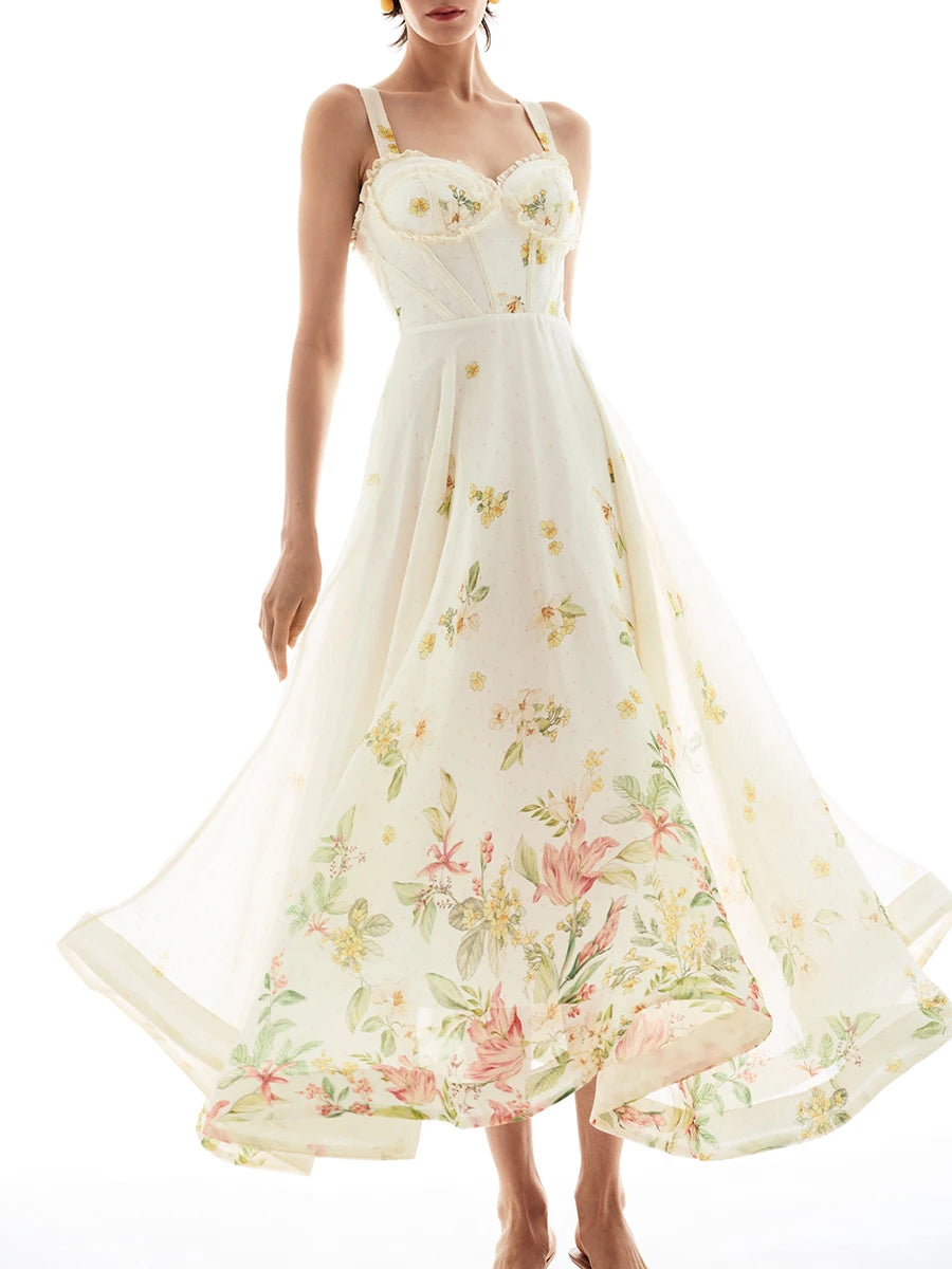 Floral print corset midi dress on a mannequin