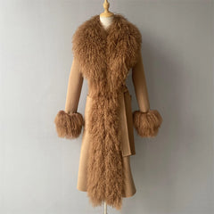 Brown fur vest and coat on a mannequin against a plain background