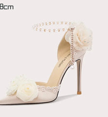 White Pearl Bow Stiletto Heels | Silk Beaded Lolita Party Sandals
