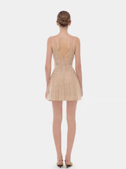 Sheer Beige Floral Embellished V-Neck Mini Dress