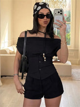 Off-shoulder ruched bodice top with button front