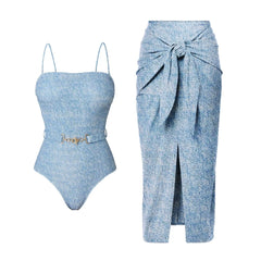 Strapless belted swimsuit and tie-front midi skirt laid out