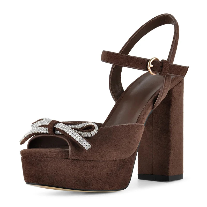 Brown faux suede platform sandals with rhinestone bow and chunky heel