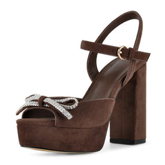 Brown faux suede platform sandals with rhinestone bow and chunky heel