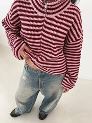 Striped High Neck Zip Sweater