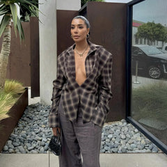 Plaid Draped Open-Neck Long Sleeve Crop Shirt
